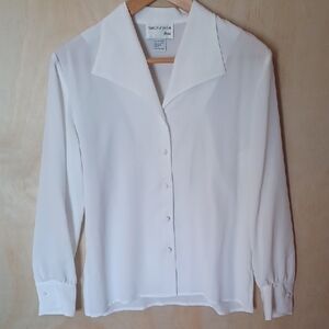 Nancy Crystal Petite White Button Up Shirt Semi Sheer, Fabric Covered Buttons